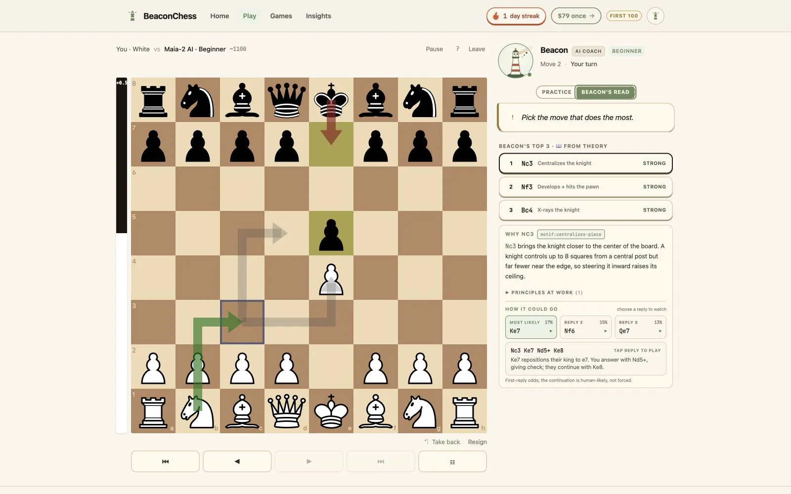 BeaconChess showing candidate moves, board arrows, an explanation, and likely replies.